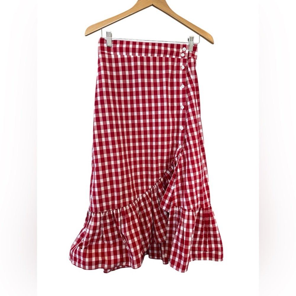 ZARA Red Gingham Ruffle Midi Skirt - Picture 6 of 13